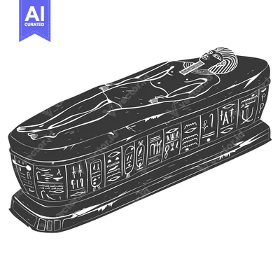 Aset desain premium: A black and white illustration of an ancient Egyptian sarcophagus with
