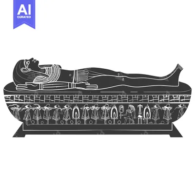 Aset desain premium: A Black and White Illustration of an Egyptian Mummy Lying in a Sarcoph