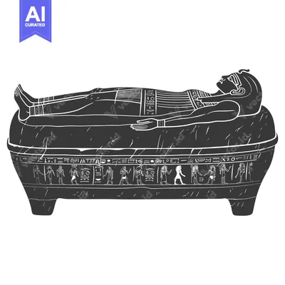 Aset desain premium: Ancient Egyptian Pharaoh in Stone Sarcophagus with Hieroglyphics