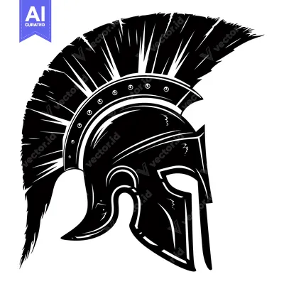 Aset premium populer: A black and white illustration of a Spartan helmet with a plume