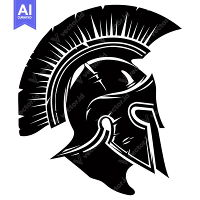 Aset desain premium: Black and white illustration of a Spartan helmet with a plume
