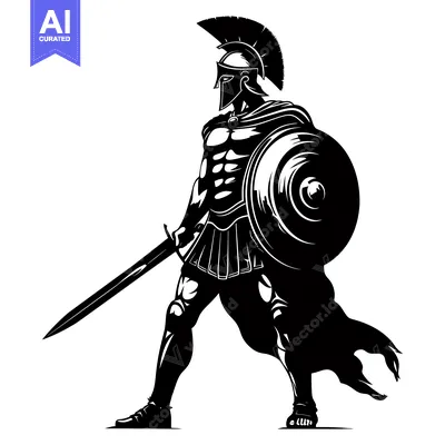 Premium design asset: A Black and White Silhouette of a Greek Warrior Holding a Sword and Sh