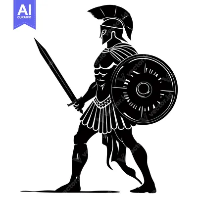 Aset desain premium: Black and White Silhouette of a Greek Warrior with a Sword and Shield