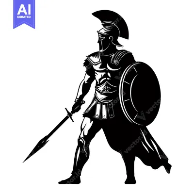 Aset desain premium: Black and White Silhouette of a Roman Gladiator with a Sword and Shiel