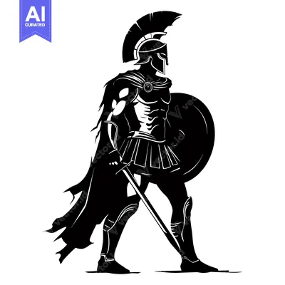 Aset desain premium: A Silhouette of a Spartan Warrior Holding a Sword and Shield