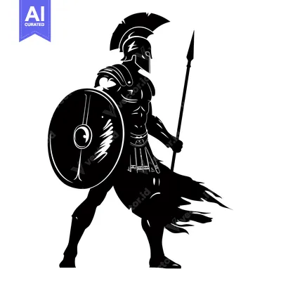 Aset desain premium: Silhouette of a Spartan Warrior Holding a Shield and Spear