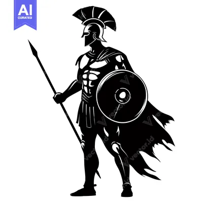 Aset premium populer: Black and White Silhouette of a Greek Warrior Holding a Spear and Shie