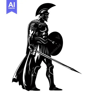 Aset premium populer: A Silhouetted Spartan Warrior Holding a Sword and Shield