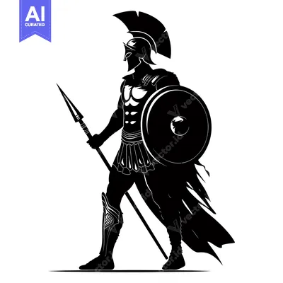 Aset desain premium: A Spartan Warrior in Full Armor, Holding a Spear and Shield