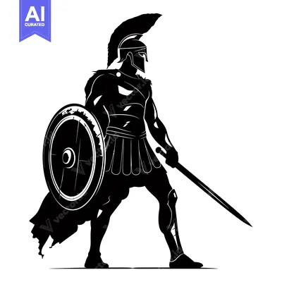 Aset desain premium: Black and White Silhouette of a Spartan Warrior with a Sword and Shiel