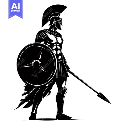 Aset desain premium: Silhouette of a Spartan Warrior with Shield and Spear