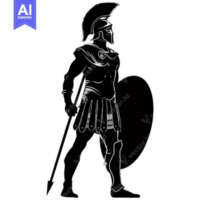 Aset desain premium: A Silhouette of a Spartan Warrior Holding a Spear and Shield