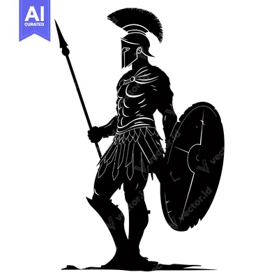 Aset premium populer: Black and White Silhouette of a Spartan Warrior Holding a Spear and Sh