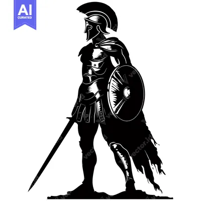 Aset desain premium: A Silhouette of a Spartan Warrior with Sword and Shield
