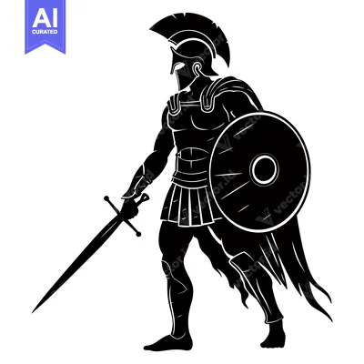 Aset desain premium: Silhouette of a Spartan Warrior Holding a Sword and Shield