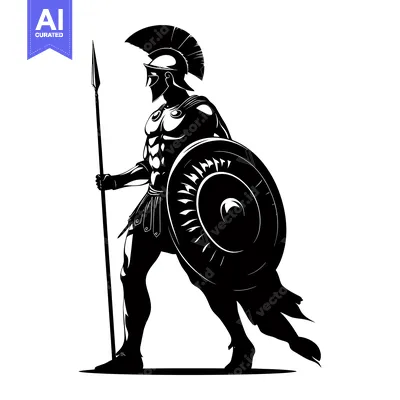 Aset desain premium: Black and White Silhouette of a Spartan Warrior with Spear and Shield