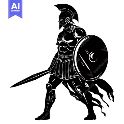 Aset desain premium: A Silhouette of a Greek Spartan Warrior in Full Armor