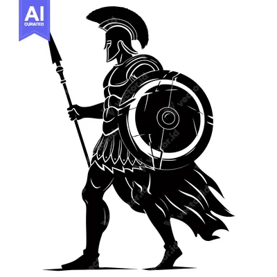 Premium design asset: Black and White Silhouette of a Greek Warrior with a Spear and Shield