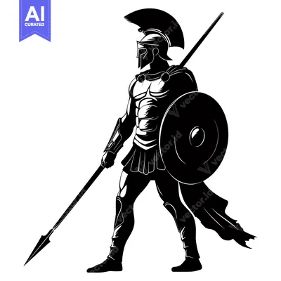 Aset desain premium: Black and White Silhouette of a Spartan Warrior with a Spear and Shiel