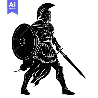 A silhouette of a Spartan warrior holding a sword and shield