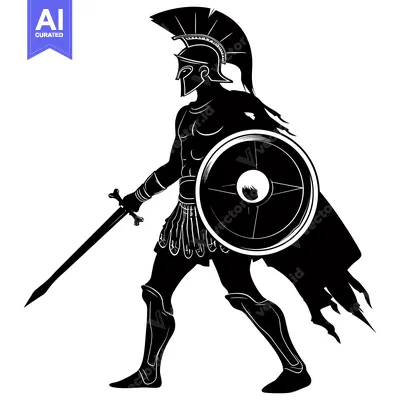 Premium design asset: Silhouetted Spartan Warrior Holding a Sword and Shield
