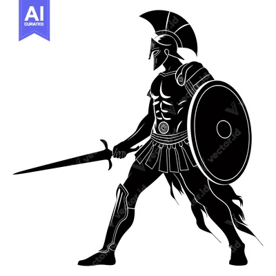 Silhouette of a Greek Warrior Holding a Sword and Shield