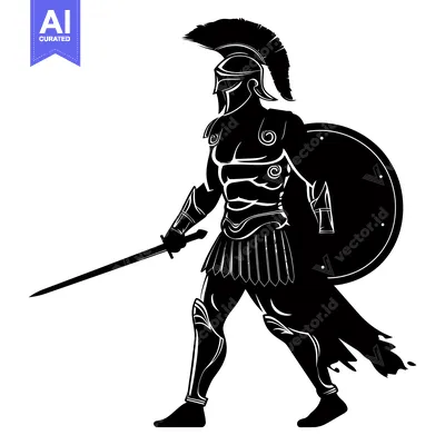 Aset desain premium: A Spartan Warrior in Full Armor with Sword and Shield