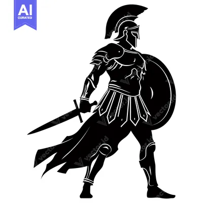 Aset desain premium: Silhouette of a Greek Warrior Holding a Sword and Shield