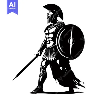 Aset premium populer: A Silhouetted Spartan Warrior Holding a Sword and Shield