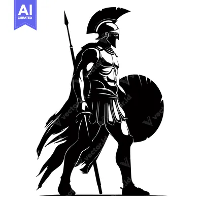 Silhouetted Spartan Warrior Holding a Spear and Shield