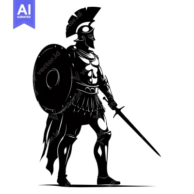 Aset desain premium: Silhouette of a Greek Warrior Holding a Sword and Shield