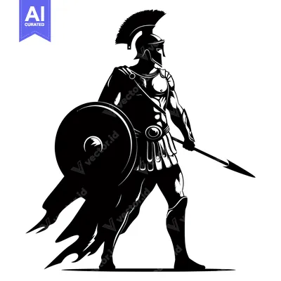 Aset desain premium: Black and White Silhouette of a Spartan Warrior Holding a Shield and S