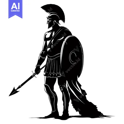 A Black and White Silhouette of a Spartan Warrior Holding a Spear and