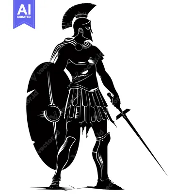 Silhouette of a Spartan Warrior Holding a Shield and Sword
