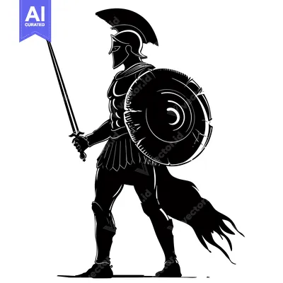 Aset desain premium: A Silhouetted Spartan Warrior Holding a Sword and Shield