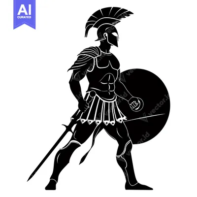 Aset desain premium: A Silhouetted Spartan Warrior Holding a Sword and Shield