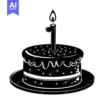 Aset premium populer: Black and White Illustration of a Birthday Cake with a Single Candle