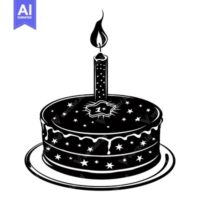 Aset desain premium: Black and White Silhouette of a Birthday Cake with One Lit Candle