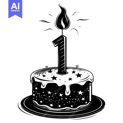 Popular premium asset: Black and White Illustration of a Birthday Cake with a Candle Number O