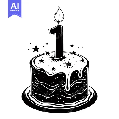 Premium design asset: Black and White Birthday Cake with One Candle and Stars