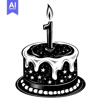 Aset premium populer: Black and White Birthday Cake with One Candle and Stars