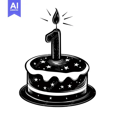 Premium design asset: Black and White Birthday Cake with Number One Candle and Stars
