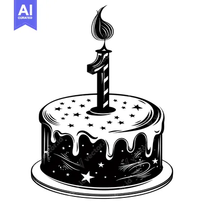 Black and White Illustration of a Birthday Cake with a Single Lit Cand