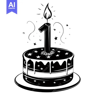 Premium design asset: Birthday Cake with One Candle and Stars