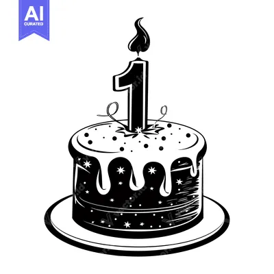 Aset premium populer: A Black and White Illustration of a Cake with a Number One Candle