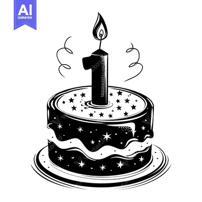 Aset premium populer: A Black and White Illustration of a Birthday Cake with a Single Candle