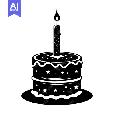 Aset desain premium: Black and White Silhouette of a Birthday Cake with One Candle