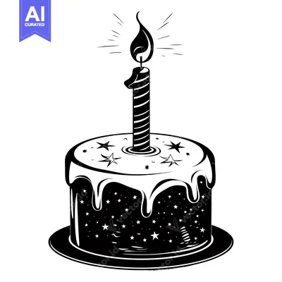 Aset premium populer: Black and White Illustration of a Birthday Cake with a Lit Candle