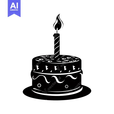 Premium design asset: Black and White Silhouette of a Birthday Cake with a Single Lit Candle
