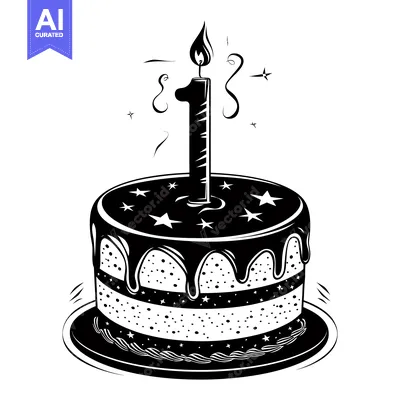 Popular premium asset: Black and White Illustration of a Birthday Cake with a Single Lit Cand